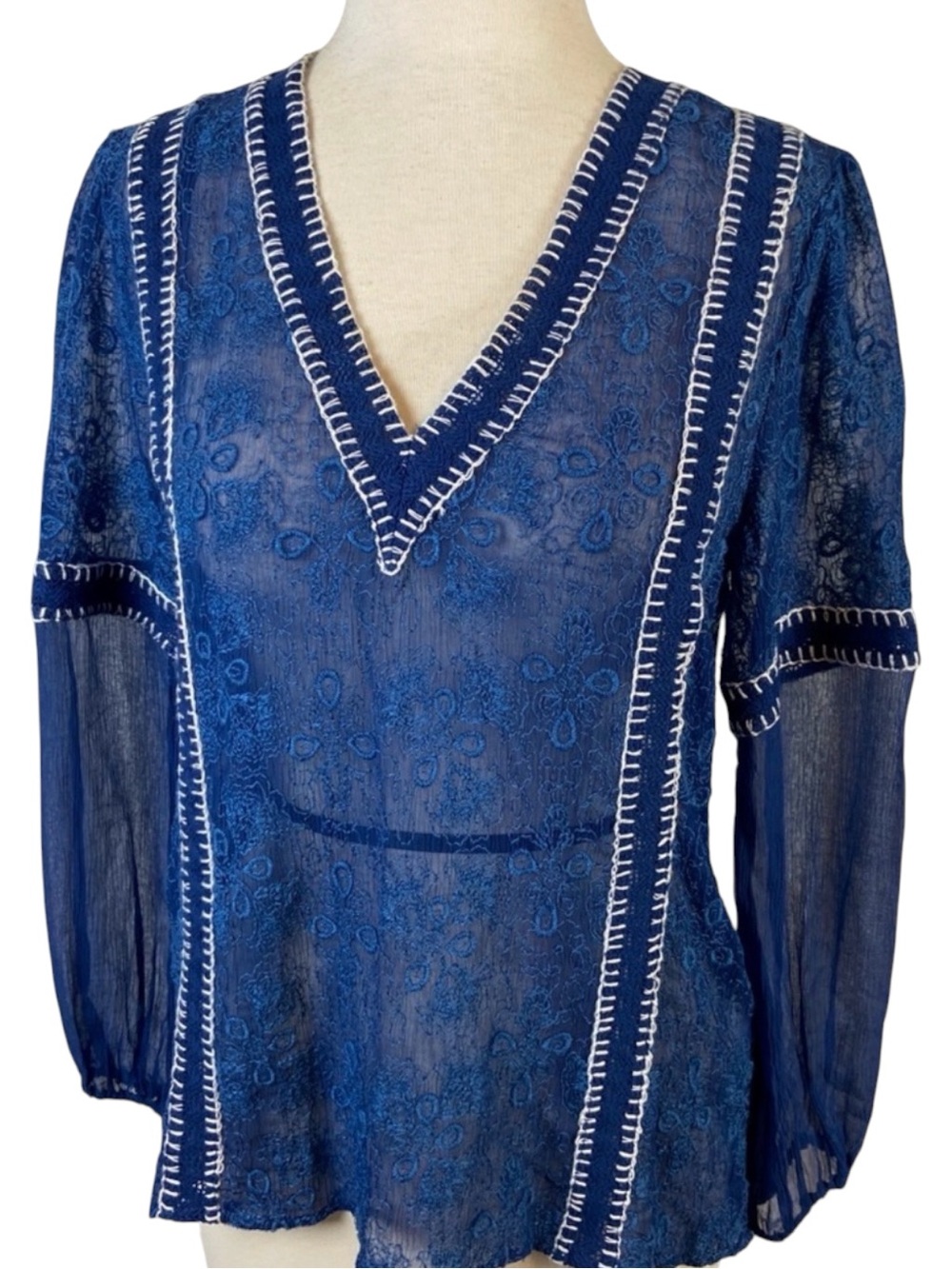 Alice + Olivia Natalya Sheer Embroidered Long Sleeve Blouse Blue Womens Small - Picture 4 of 5